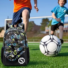 CAMTOP School Backpack Kids Boys Soccer Bookbag Set Student Backpack with Lunch Box and Pencil Case (Football,Graffiti Print)