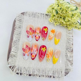 Fall Press on Nails Medium Almond French Tip Fake Nails with 3D Rhinestone Gold Bead Designs Autumn Flower Acrylic Nail Thanksgiving Maple Leaf False Nail Orange Full Cover Stick on Nails for Women