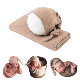 Coberllus Newborn Photography Props Boys Girls Hat with Wrap Photo Props Blanket Newborn Posing Fabric Set (Khaki)