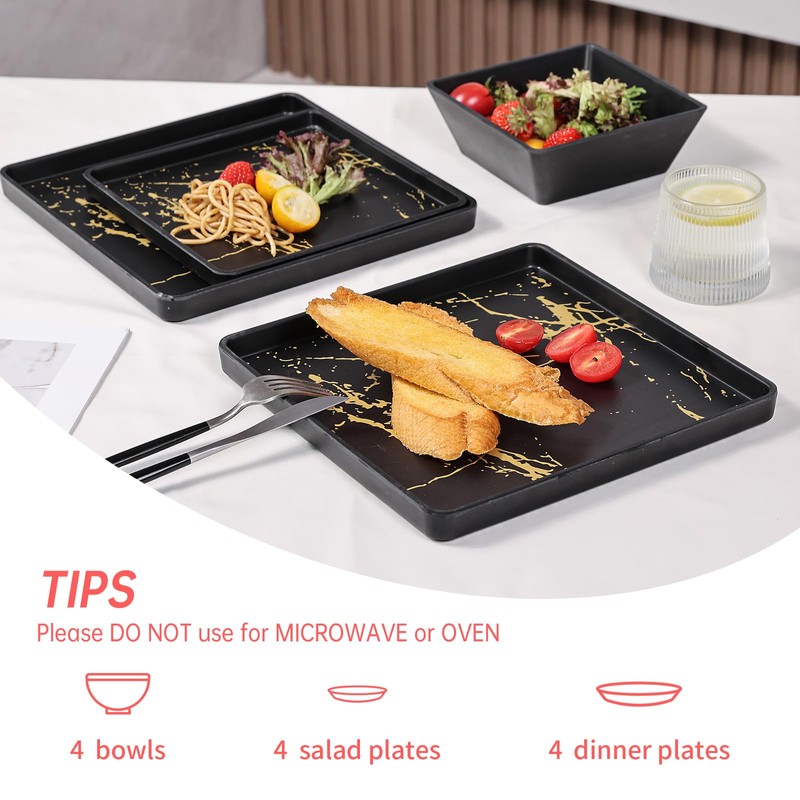 Yummost Melamine Dinnerware Sets - 12pcs Square Plates and Bowls