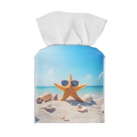 PJHEQOXE PU Leather Tissue Box Cover - Waterproof Square Design for Bathroom Countertops, Night Stands, Car Consoles | Durable Home Organization Gift for Women/Men Sunglass Starfish Print