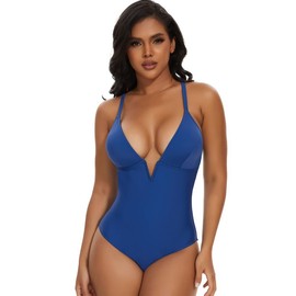 SHAPERIN - Traje de baño de una pieza para mujer, con control de barriga, sexy, cuello en V profundo, acolchado, monokini, marino, XX-Large