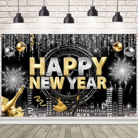 AIBIIN Happy New Year Banner Black and Gold Photography Background New Years Eve Party Decoration 2026 Backdrop Perfect for Year's Eve Celebrations 70.8x43.3 inch