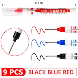 YFPOPONE Pack of 9 Deep Hole Markers, 20 mm Tip Construction Site Pen, 13.5 cm Drill Hole Marker, Black/Blue/Red Marker Pen for Carpenter, Metal Marker with Long Tip for Hard to Reach Areas