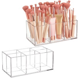 Zhehao 2 Pack Clear Acrylic Desk Organizer, 6-Slot Makeup Brush Holder and Pen Holder, Cosmetic Storage Organizer for Vanity, Bathroom Countertop, Office Desk, Pens, Markers, Lipsticks and Nail Tools