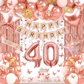 40th Birthday Decorations for Women, Rose Gold 40 Birthday Party Decorations Include Heart Star Foil Confetti Balloons, Rose Gold Fringe Curtain, Hanging Swirls