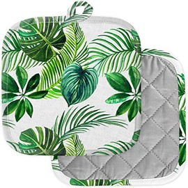 [Pack of 2] Pot Holders for Kitchen, Washable Heat Resistant Pot Holders, Hot Pads, Trivet for Cooking and Baking (Green Tropical Palm)