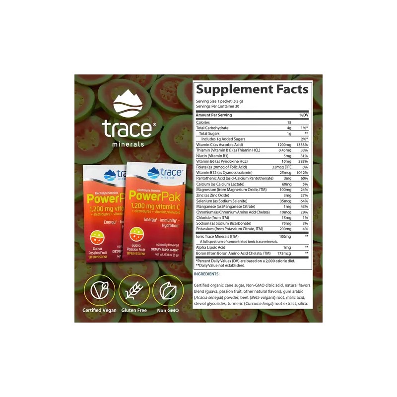 Trace Minerals Powerpak Electrolitos Vitamina C Guava Passion Fruit 30