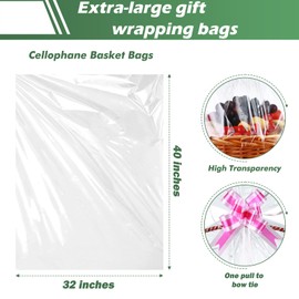 30 Packs 32” x 40” Gift Wrap Cellophane Bags for Basket Extra-large Jumbo Clear Cellophane Wraps Clear Huge Cello Bags for Basket, Gift, Christmas Tree, Art and Craft, 30ct Rose Pink Ribbon Bows