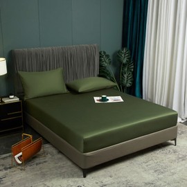 Luofanfei Fitted Sheet 90 x 200 cm Green Olive Green Box Spring Bed Terry Cloth Shiny Summer Cooling Bamboo Microfibre Bed Sheet 90 x 200 cm Plain Fitted Sheets for High Mattresses up to 25-30 cm