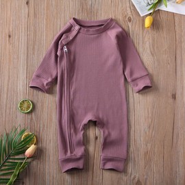 iddolaka 2 Pack Baby Boy Girl Long Sleeve Zipper Romper Bodysuit Jumpsuit Playsuit One Piece Outfit Fall Winter Clothes (A-Purple+Wine red, 6-12 Months)