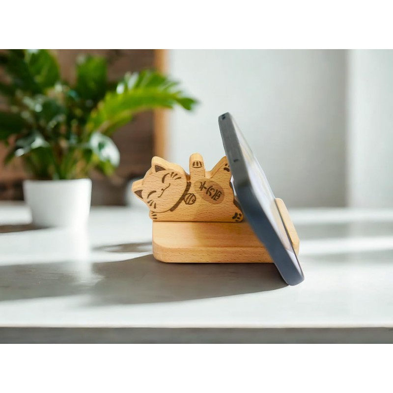 スマホスタンド 木製卓上 可愛い 磁気着脱式スマートフォンスタンド 360度回転可能 滑り止めガスケット付き (猫)