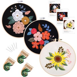 Traziewell Embroidery Kit Beginner 3 Sets Adults Cross Stitch Kit with Floral Pattern 3 Embroidery Hoops Color Threads Needles and Instructions Beginners Practice kit 1717