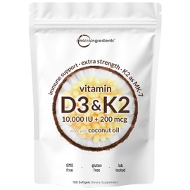 Micro Ingredients Vitamin D3 10,000 IU + K2 MK-7 200 mcg, 180 Softgels with Virgin Coconut Oil | 2-in-1 Vitamins D & K Complex | Extra Strength, Easy to Swallow, Non-GMO, Gluten Free