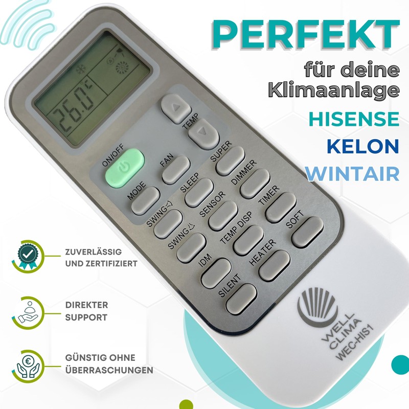 Wellclima WEC-HIS1 Air Conditioning Remote Control for Hisense, Kelon, Wintair,