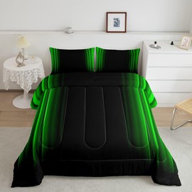 Feelyou Geometric Abstract Ombre Bedding Bed Set Men Adults Teens Green and Black Striped Comforter Set Kids Boys Girls Simple Modern Comforter Inner Fill Bedroom Collection 2Pcs Twin Size