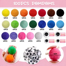 TOAOB 100pcs 2 Inch Large Pom Poms with 100pcs Wiggle Googly Eyes Multicolor Craft Pom Pom Balls for DIY Arts and Crafts Projects and Decorations
