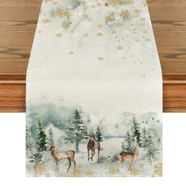 Artoid Mode Watercolor Deer Trees Snowflakes Christmas Table Runner, Seasonal Winter Xmas Kitchen Dining Table Decoration for Home Party Decor 40x300 cm