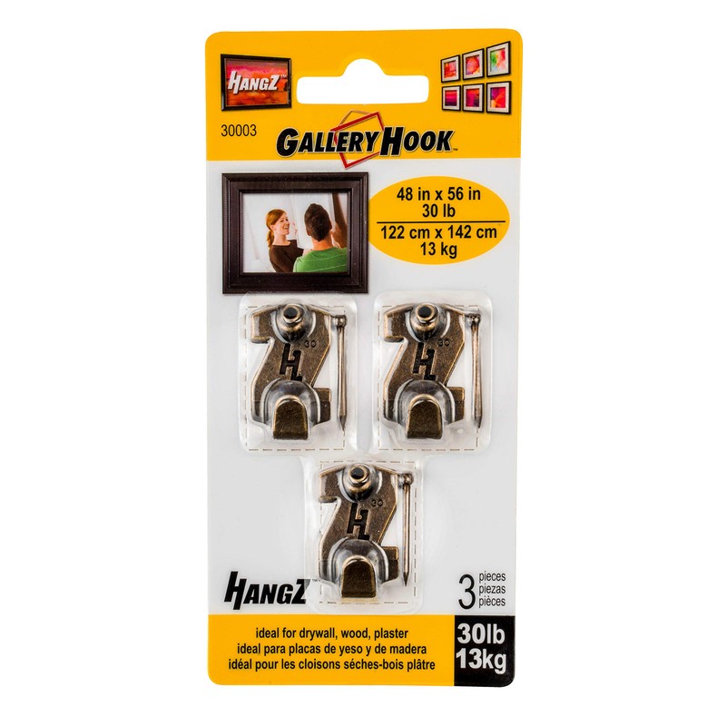 HangZ 30003 Gallery Picture Hooks, 30lb, Antique Brass, 3-Pack