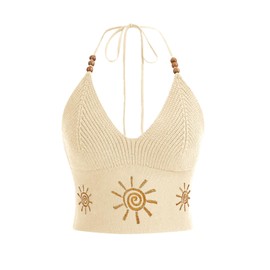 Verdusa Women's Embroidery Tie Backless Halter V Neck Crop Knit Top Camisole Beige Small