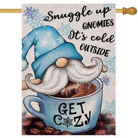 Artofy Snuggle Up Gnomies It's Cold Outside Winter Home Decorative House Flag, Gnome Garden Yard Coffee Cup Snowflake Outside Decor, Winter Farmhouse Outdoor Large Burlap Decoration Double Sided 28x40