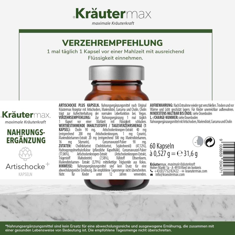 Kräutermax Artichoke Capsules Artichoke Extract High Dose with Milk Thistle