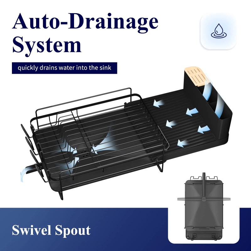 Kitsure Extendable Stainless Steel Dish Drying Rack with Drainboard Black