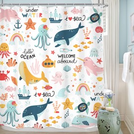 LGhtyro Kids Whale Ocean Shower Curtain Bathroom Set 60Wx71H Inches Cartoon Underwater Sea Animals Cute Fish Funny Sealife Colorful Bath Accessories for Boys Girls Art Home Decor Fabric 12 Pack Hooks