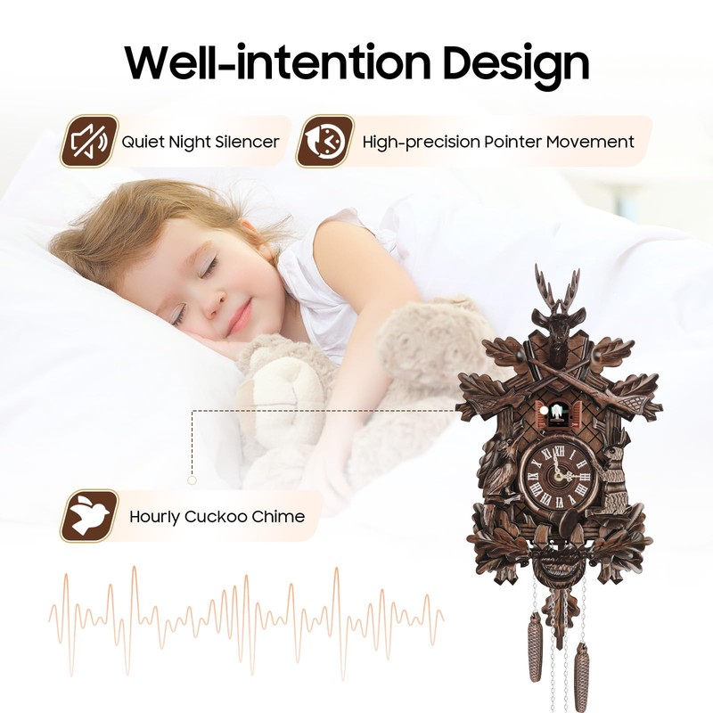Kllkmmws Antique Cuckoo Clock, Traditional Handcrafted Black Forest Wooden Wall