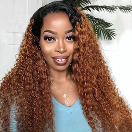 Peenoll Curly Human Hair Wig Omber T 27 Lace Frontal Closure Jerry Curly Human Hair Wig Pre Plucked Pre Cut Lace Frontal Closure Glueless Wigs Elastic Band 200% Density