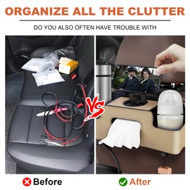 POVTIMS Car Seat Organizer with 2 Drink Cup Holders, Tissue Box, Phone Holder and Hook, Multi-Purpose Storage Bag for Cars, Great for Kids, Road Trips and Travel (Beige)