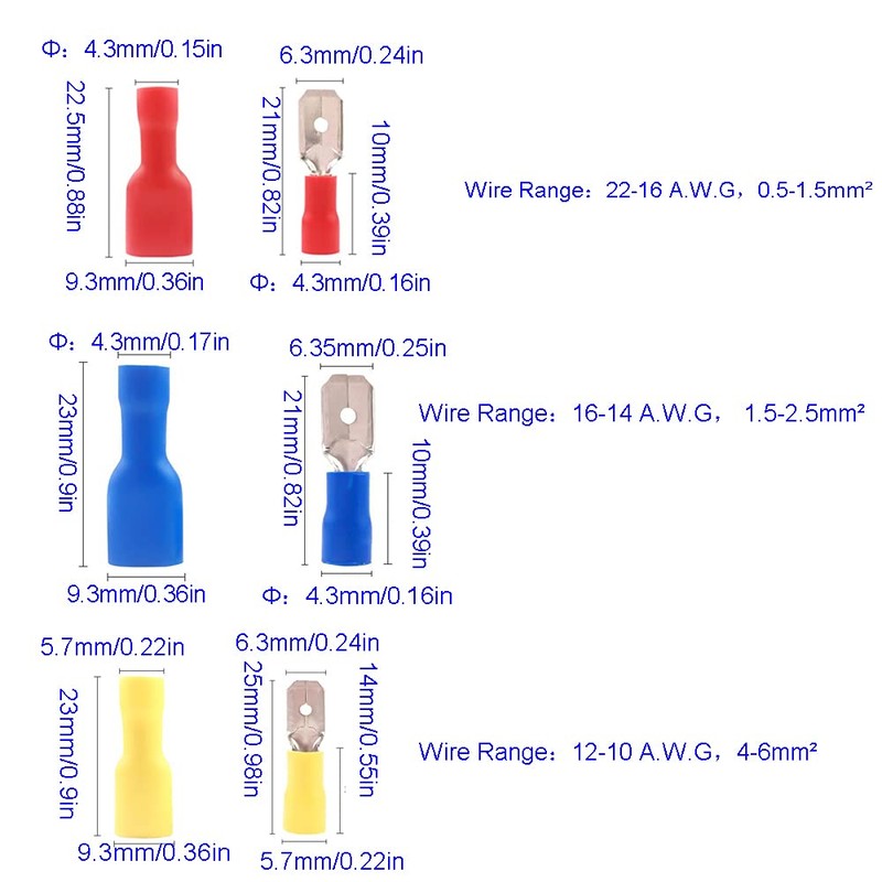 Ruidee Pack of 120 cable lugs, electrical connectors, flat connectors,