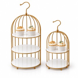 Gold Bird Cage Cupcake Stand Set, 2-Piece 3-Tier and 2-Tier Acrylic Dessert Display Trays, Metal Serving Stands for Wedding, Birthday, Baby Shower, Tea Party and Buffet Table Decor