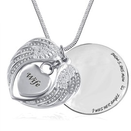 PREKIAR Angel Wing Urn Necklace for Ashes, Heart Cremation Memorial Keepsake Pendant Necklace Jewelry with Fill Kit and Gift Box (Wife)