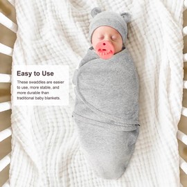 DRESHOW Newborn Swaddle Blanket Hat Set Baby Printed Swaddles Infant Adjustable Sleeping Bag for 0-3 Months Girls Boys, 3 sets: blankets + bear hats (grey, dark blue, light blue), One size