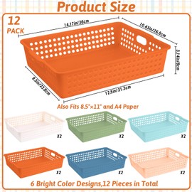 12 Pcs Plastic Classroom Storage Basket Bulk 14 x 10 In Turn in Paper Trays for Classroom A4 Size Colorful Storage Organizer Bin with Handles Stackable Container for Playroom Home Office School Supply