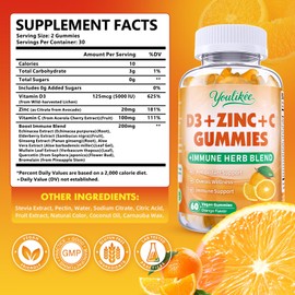 Youlikee 2 Pack Vitamin C + D3 + Zinc Gummies for Adults, Immune Support Supplement with Elderberry, Echinacea & Mullein Leaf - Powerful Antioxidant, Sugar Free, Orange Flavor, 120 Count