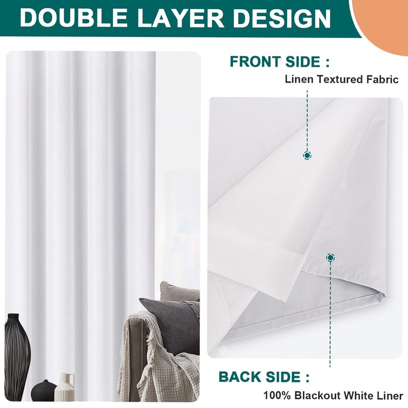 Diraysid 100% Blackout Curtains White Linen Curtains for Bedroom Grommet