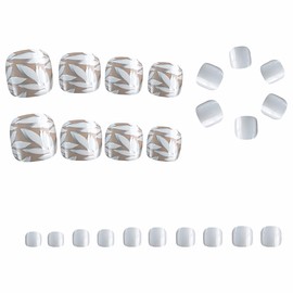 MERVF Toe Nail Press ons Toenails Fake Toe Nails White Acrylic Toenails with White Leaf Design Glue on Toe Nails Glossy 24pcs