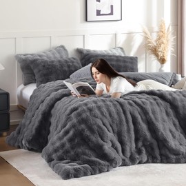 YIKUSH Dark Gray Comforter Set King – Ultra Soft & Warm Faux Fur Comforter for Winter, Elegant Fluffy Comforter King Set with Pillowcases, Cozy Gray Bedding Set
