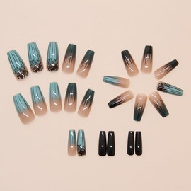 LYMCY Press-On French Nails, Dark Green Removable False Nails, False Nails for Women and Girls - Pack of 24