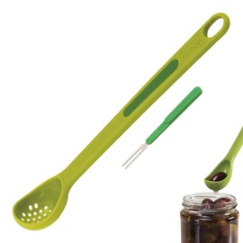 Olive Spoons, Multifunctional Two-in-one Olives Spoon with Pickle Picker, Plastic Long-Handled Fruit Scoop, Pickle Strainer Spoon, Suitable for Taking Canned Fruits and Ffood (Green 8 inch)