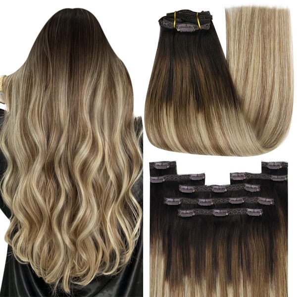 YoungSee Hair Extensions Clip in Real Hair Brown 16 Inch Brown Balayage Clip in Hair Extensions 7pcs Clip in Natural Hair Extensions #2/6/24 Darkest Brown to Medium Brown with Blonde 120g Full Head