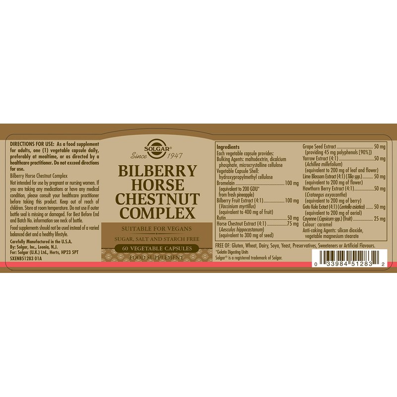 Solgar Bilberry Horse Chestnut Complex Vegetable Capsules - Pack of