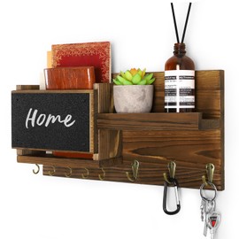 WeBravery Decorative Key Hanging Rack with 8 Hooks – Easy Install Natural Wooden Key and Mail Holder for Wall Mount – Sunglasses Wallet Holder Entryway Decor with Shelf and Chalkboard (Brown)