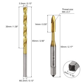 sourcing map Metric Tap & Drill Bit Set, 2pcs M4 x 0.7 Spiral Point Thread Taps and 2pcs 3.3mm Twist Drill Bits, Titanium Coated HSS6542 Screw Tapping Threading Tools