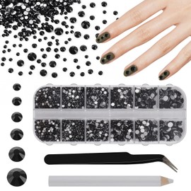 4550PCS Black Rhinestones for Crafting, 6 Sizes Flatback Nail Rhinestones Gems with 1Pc Tweezer and 1Pc Picking Diamonds Pen Kit, Bulk Round Crystal Gemstones Diamonds for Nail Art Clothing Crafts