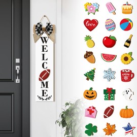 Sintuff Welcome Sign for Front Door Interchangeable Porch Sign with 24 Pcs Holiday Icons Home Farmhouse Welcome Outdoor Seasonal Rustic Sign for Summer Spring Holiday(Black and White)