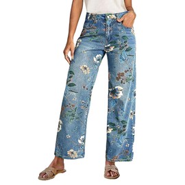 Flamingals Mid-Rise Vintage Floral Straight Leg Pants for Women Summer Casual Denim Pants Mid Blue XL