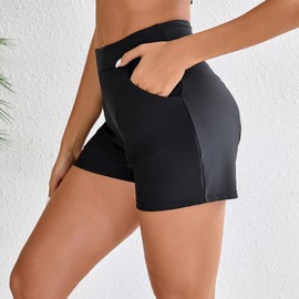 Halcurt Women's High Waisted Swim Board Short with Pocket Built in Brief Quick Dry Swimsuit Bottoms Black M